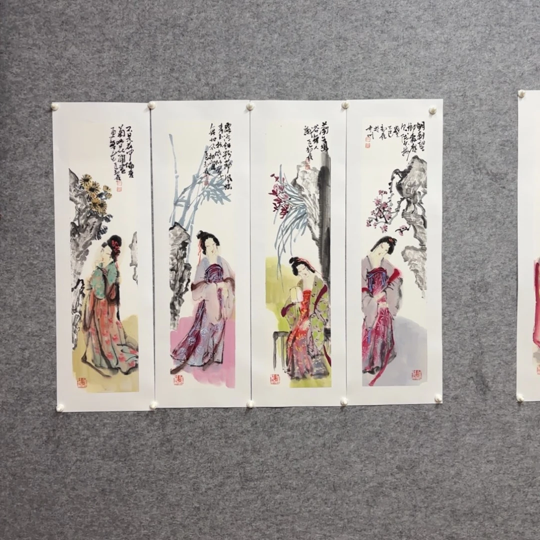 腾***腾国画郭老师四条屏人物