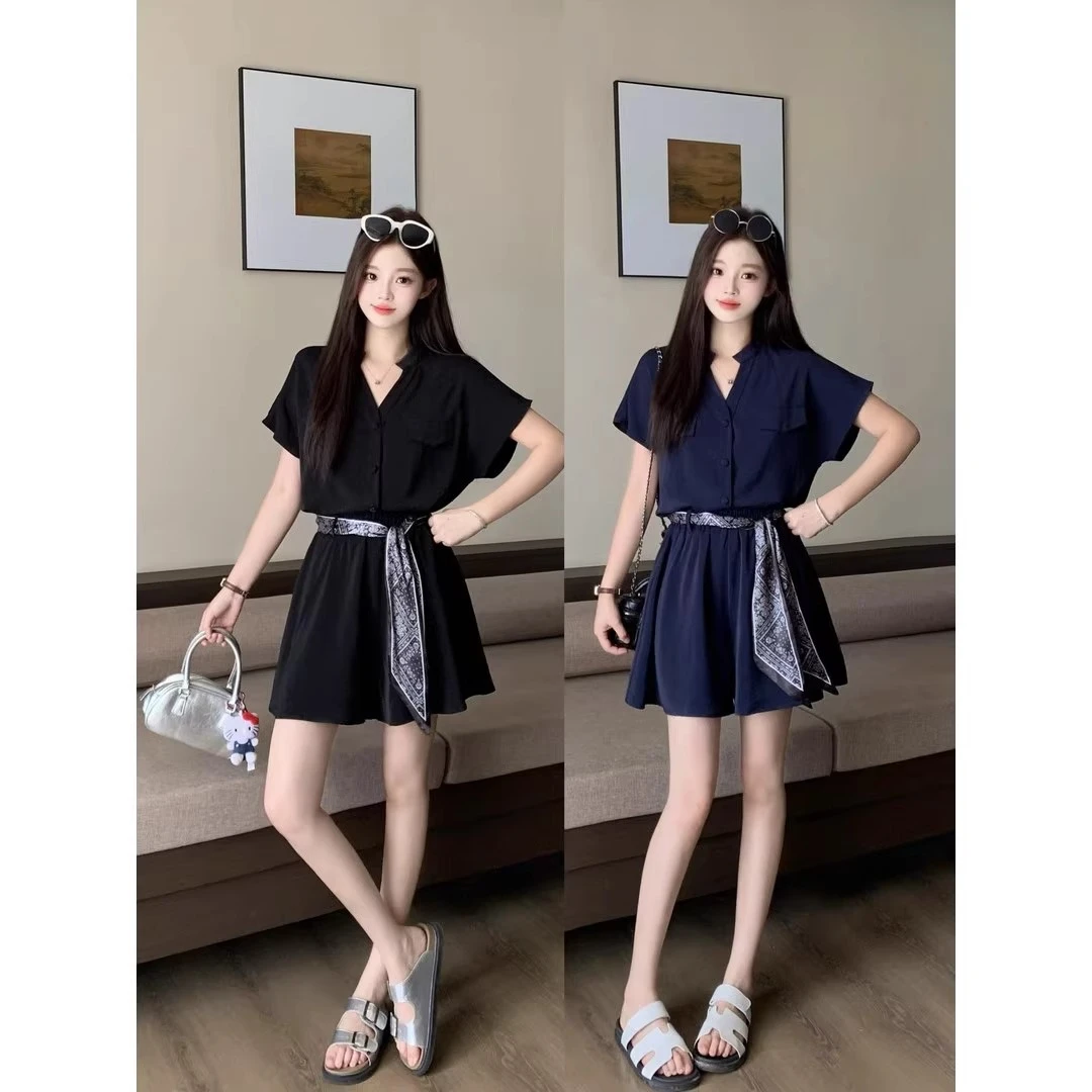 凉感面料~短裤+内衬 大码胖mm夏装上衣短裤阔腿裤显瘦套装女