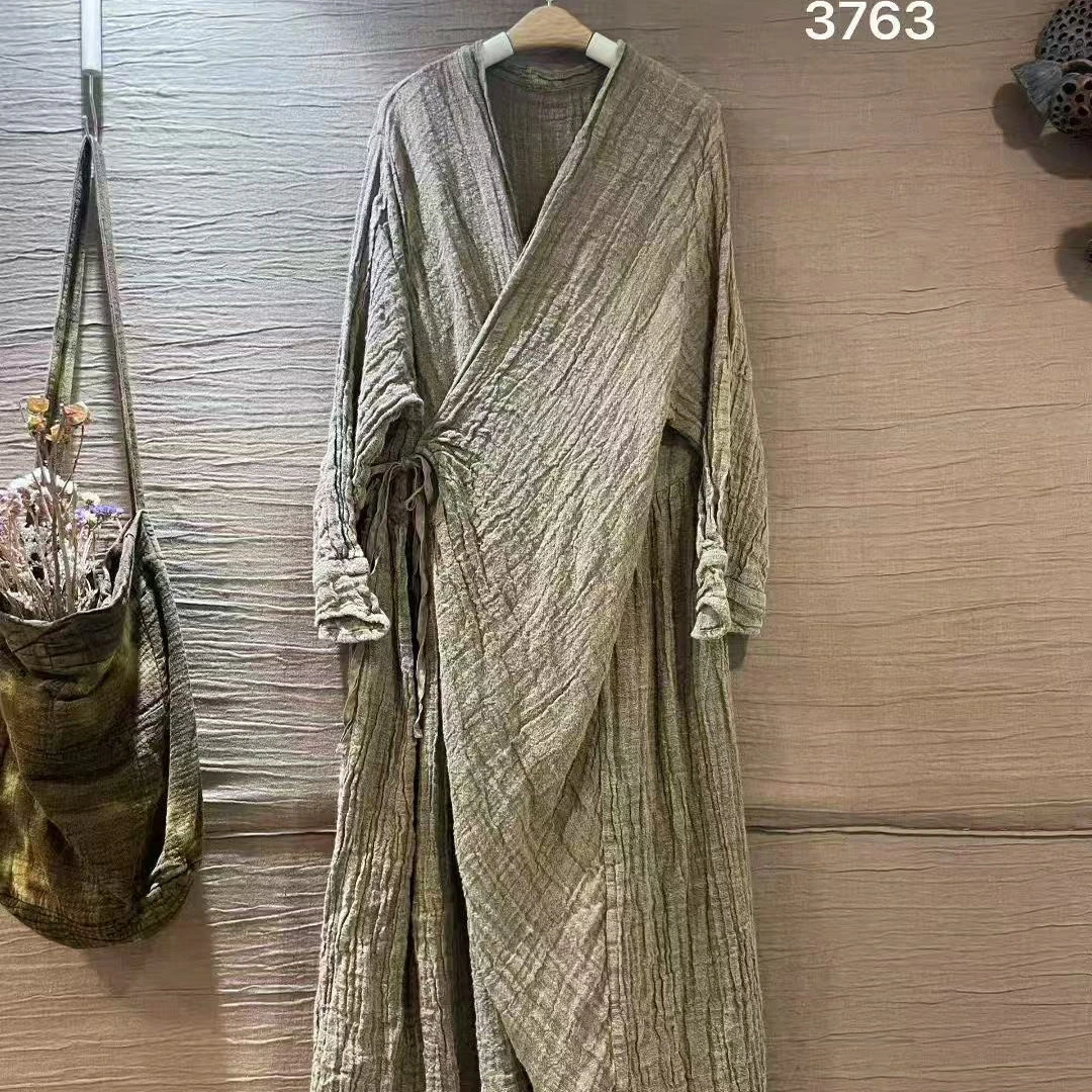 猫迷森林 秋季重磅 褶皱进口雨露亚麻长袍子显瘦系带连衣裙3763