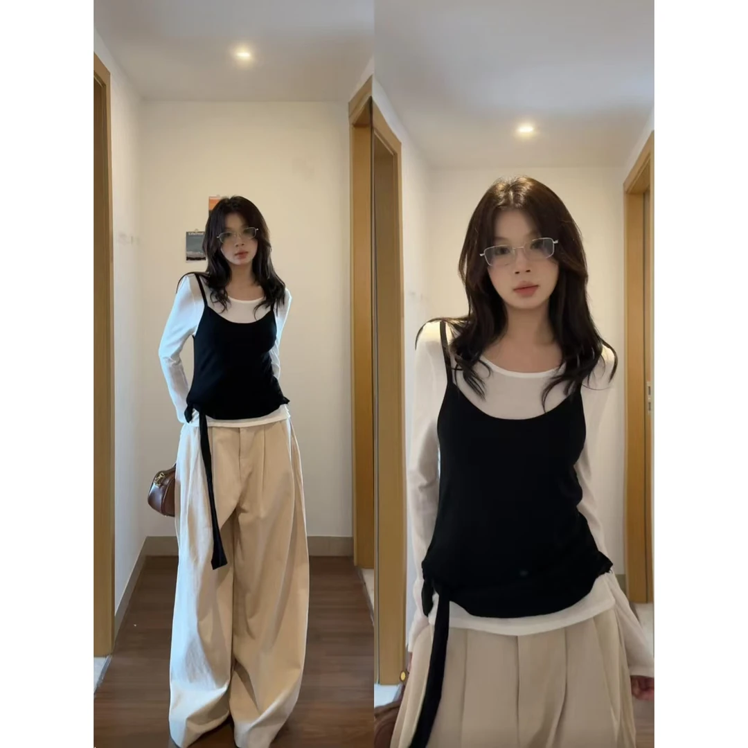 韩系氛围感吊带长袖t恤女秋季辣妹风高级感内搭打底衫上衣两件套