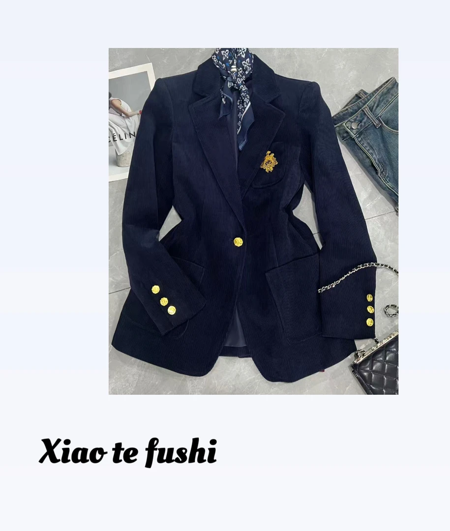 小特 2025巴曼风女西装修身型单排扣藏青色学院风刺绣设计师单扣