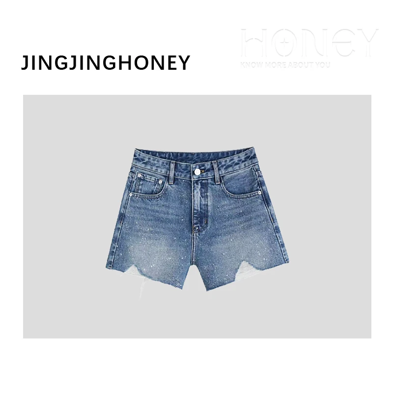 静静哈尼  【碎闪须边牛仔短裤】夏季阔腿A字显瘦牛仔短裤K82520