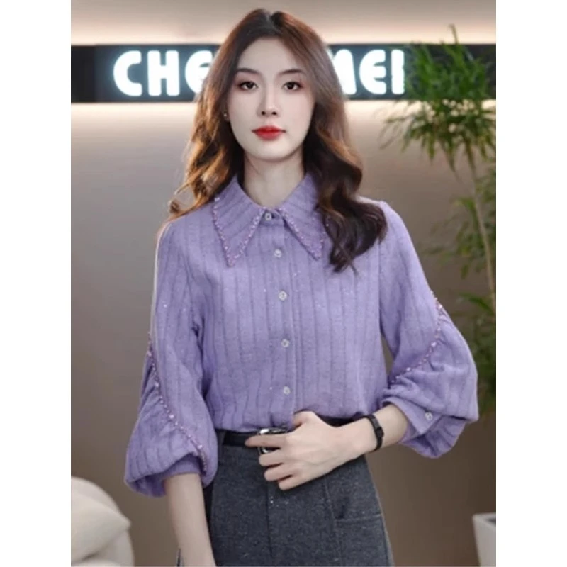 轻奢高级感气质翻领紫色衬衫女秋冬厚款衬衣慵懒风内搭针织衫上衣