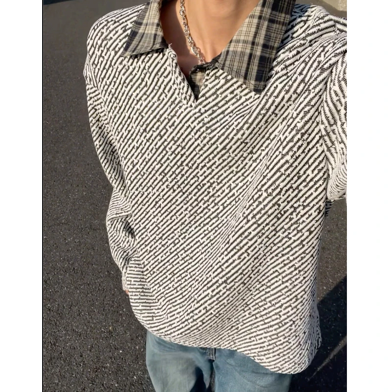 雪尼尔满天星翻领polo衫卫衣男款秋冬加绒加厚设计感格子美式外套