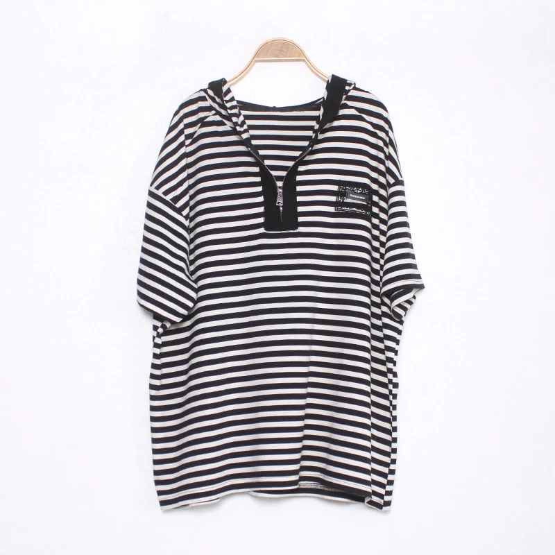 时尚T恤夏季新款爆款大码宽松显瘦休闲百搭 潮牌条纹棉质连帽上衣