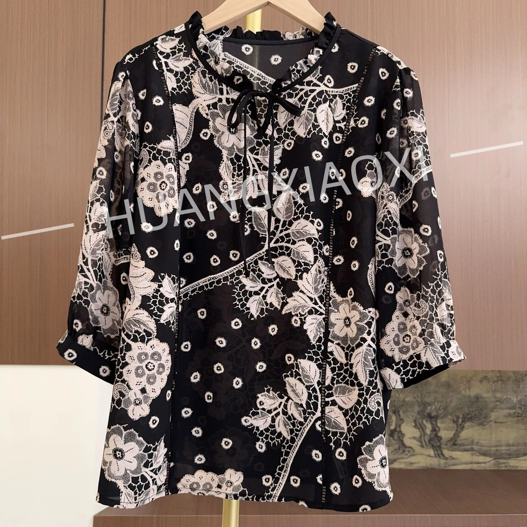 HUANGXIAOXI 黑底木槿花花边领结镂空编织中袖气质小衫 HXX-270
