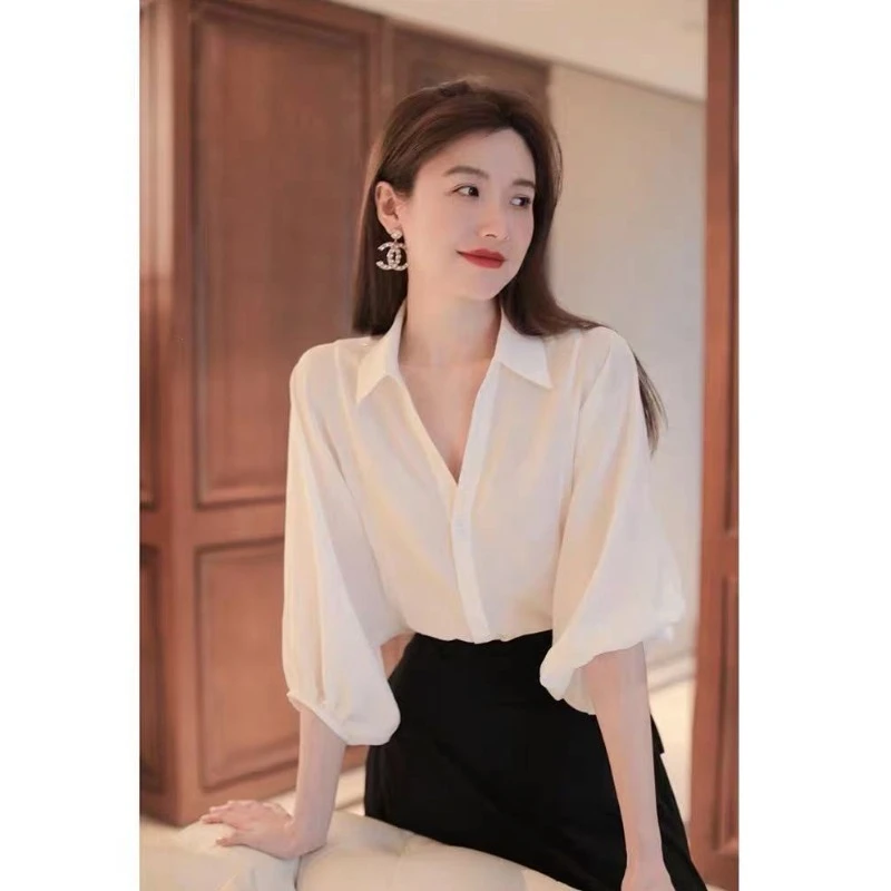 欧洲站夏季2025新款时尚气质白色衬衣宽松七分袖雪纺法式洋气衬衫