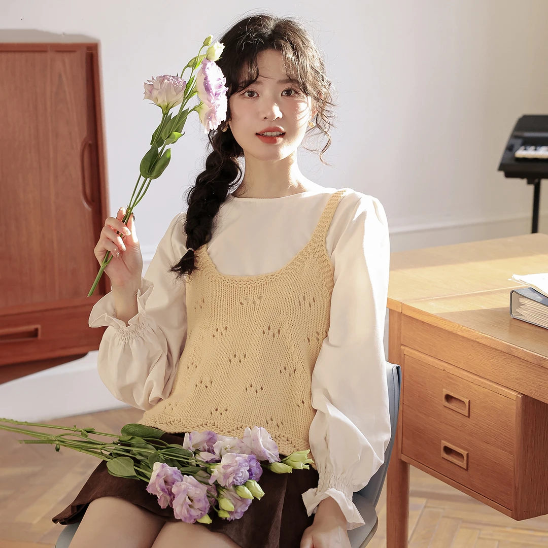 春秋新款韩系减龄花边针织吊带背心女春短款外搭宽松无袖毛衣马甲