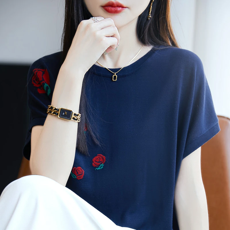 品牌夏季新款时尚圆领玫瑰花针织上衣套头宽松短袖T恤显瘦女上衣