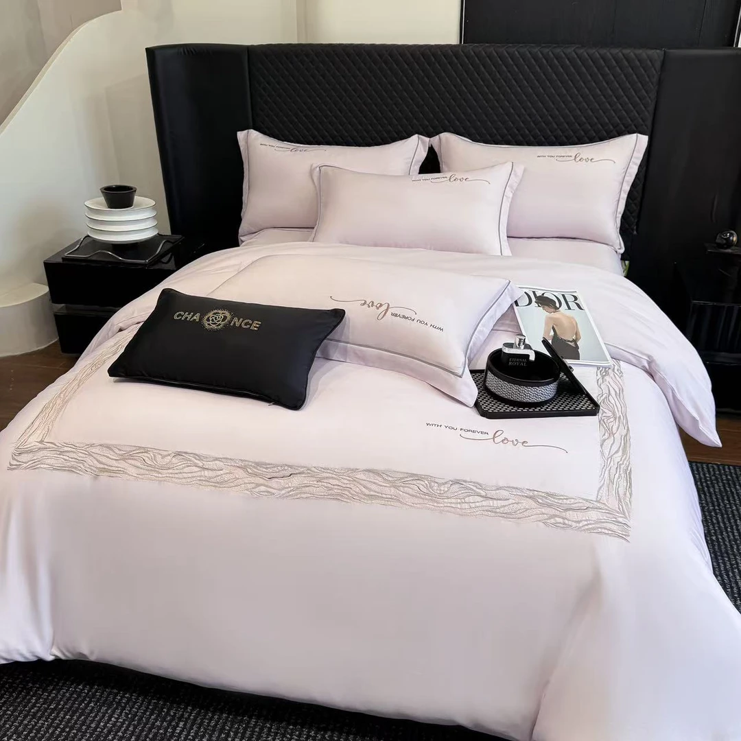 春夏季高端轻奢兰精莱赛尔天丝棉四件套全棉纯棉刺绣床单被套冰丝