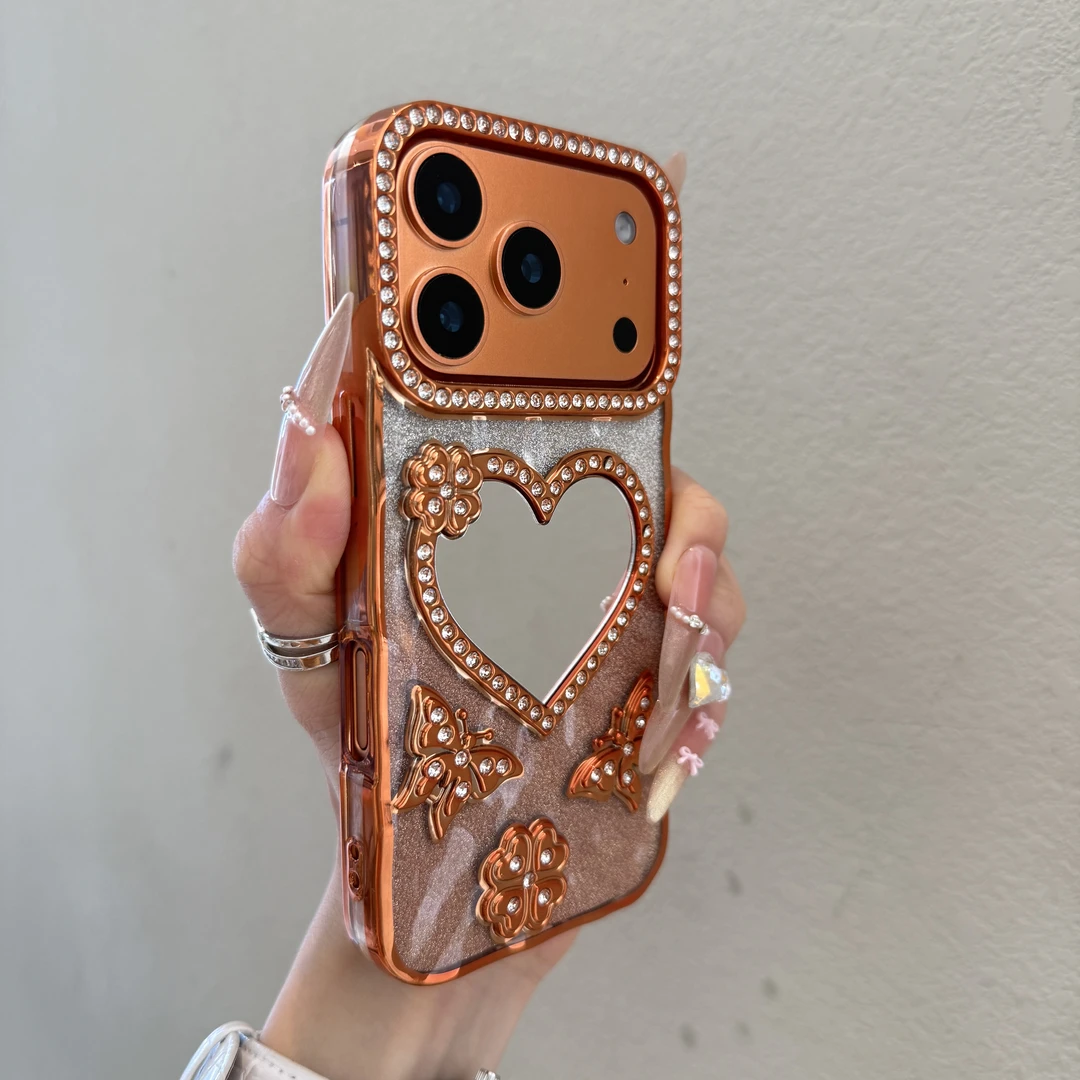 水钻立体蝴蝶爱心镜适用苹果17promax手机壳iPhone16网红15高级14