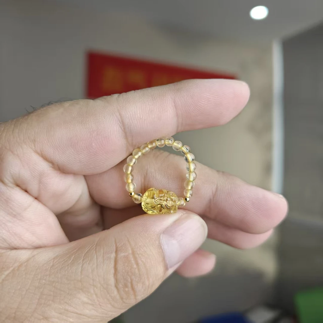 【珠宝厂长】约3mm金发晶搭蜜蜡貔貅戒圈