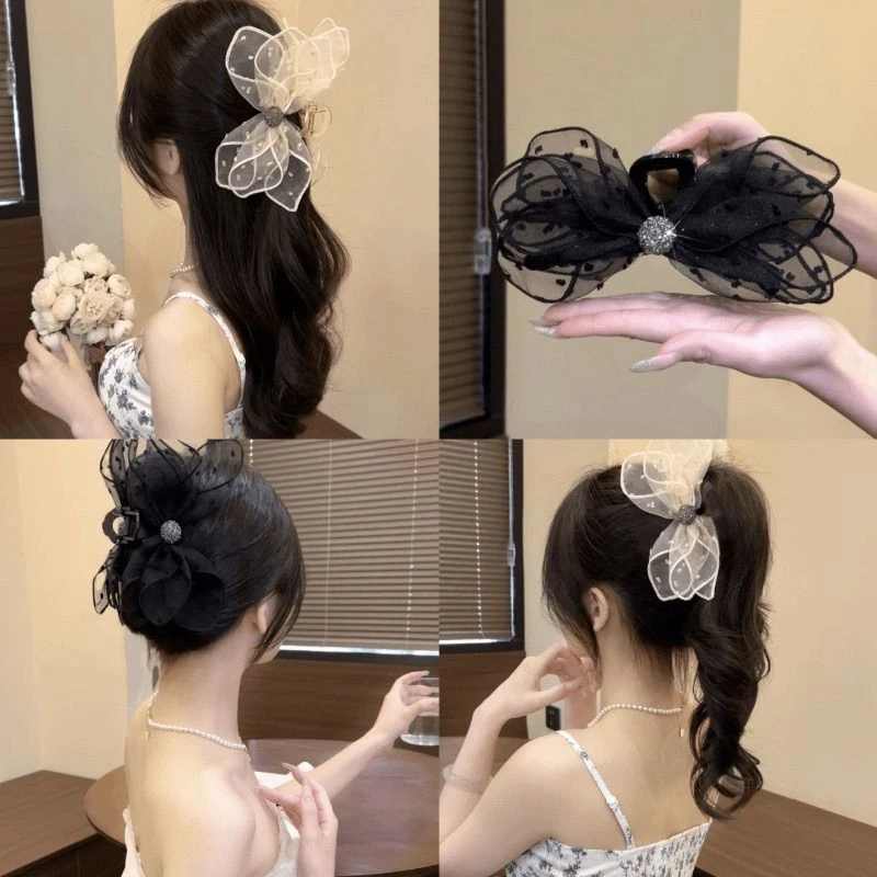 新款波点蝴蝶结抓夹高级感气质百搭鲨鱼夹马尾夹后脑勺发饰可爱