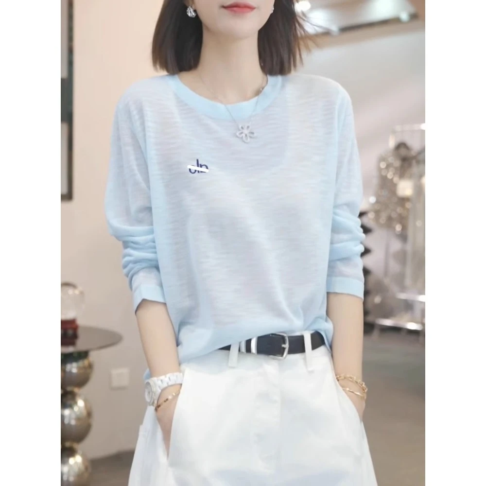 蓝色高级感防晒衣t恤女2025年夏季新款薄款罩衫宽松慵懒长袖上衣