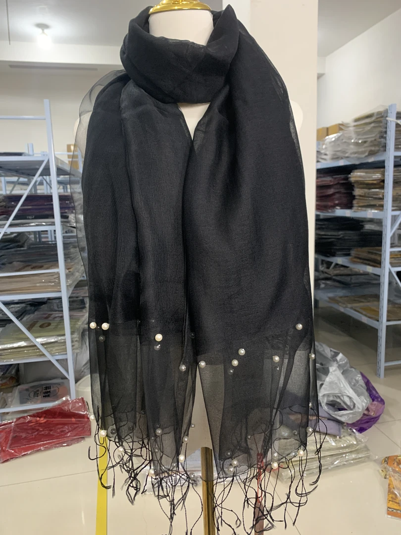 C056 黑色大钉珠 桑蚕丝羊毛围巾时尚百搭围巾丝巾披肩 100*200
