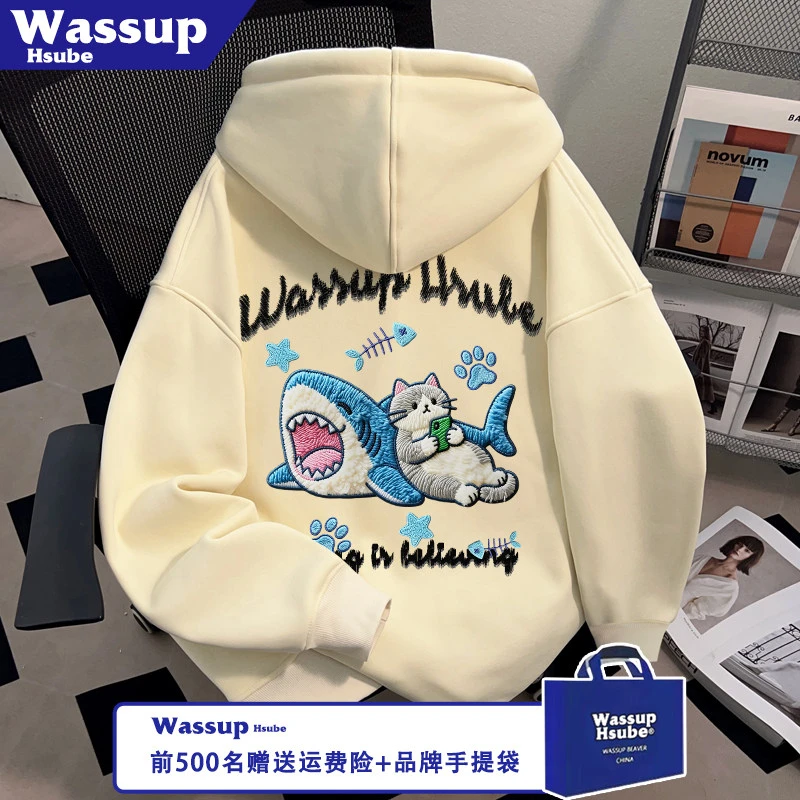 WASSUP HSUBE秋冬男女加绒杏色休闲上衣痞帅鲨鱼印花连帽卫衣潮流
