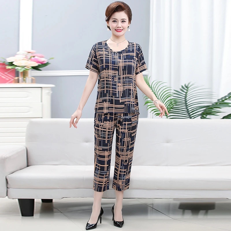 棉绸100%套装1-6XL上衣裤子时尚宽松两件套中老年夏装新款妈妈装