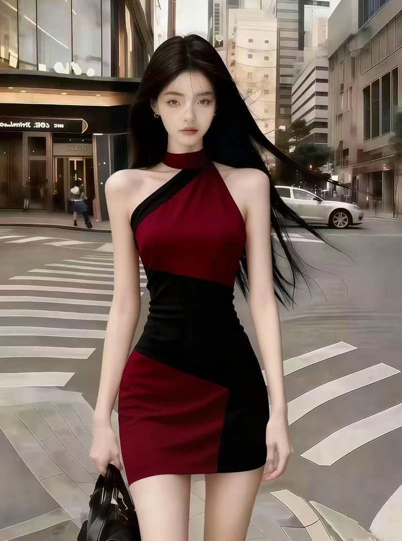 静奢气质纯欲风氛围感酒红撞色无袖露肩修身收腰性感包臀连衣裙