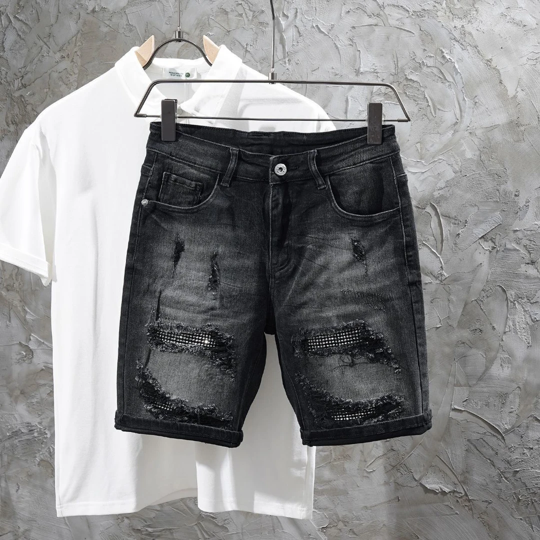 牛仔短裤男夏季个性烫钻修身小直筒猫须破洞痞帅弹力百搭四五分裤