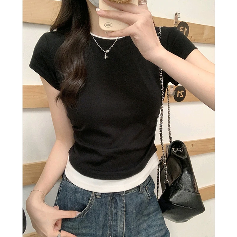 翰代维假两件拼接短袖t恤女夏季修身显瘦辣妹设计感百搭短款上衣