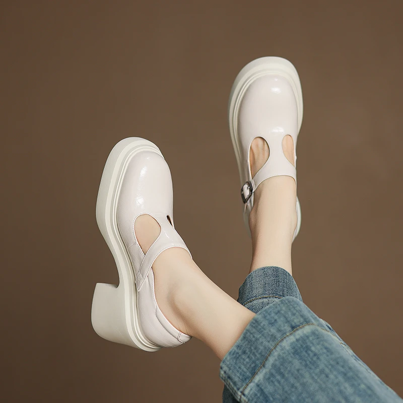 牛皮/10cm/白色百搭夏季真皮复古粗跟厚底英伦风增高舒适妈妈单鞋