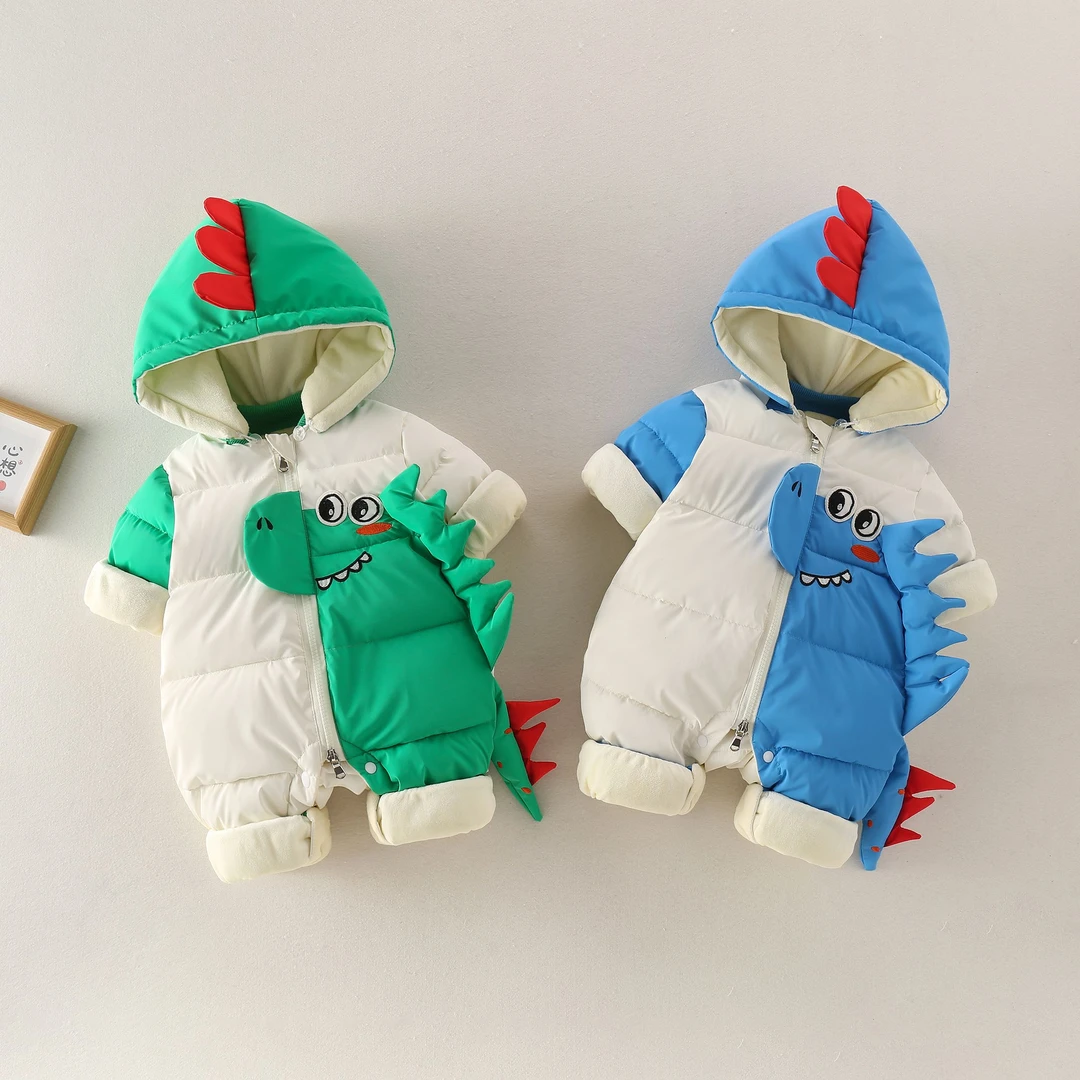 新生儿加棉加厚三防连体衣四层防寒棉哈衣加绒卡通衣服恐龙棉服