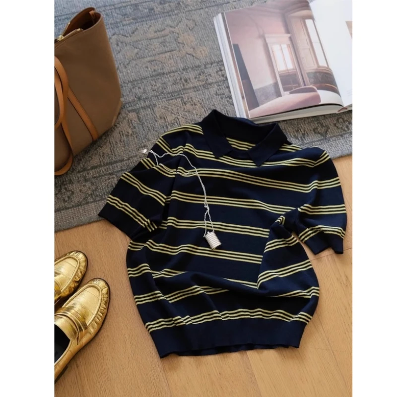 法式撞色条纹polo领冰丝针织t恤女夏季正肩高级感打底衫短袖上衣