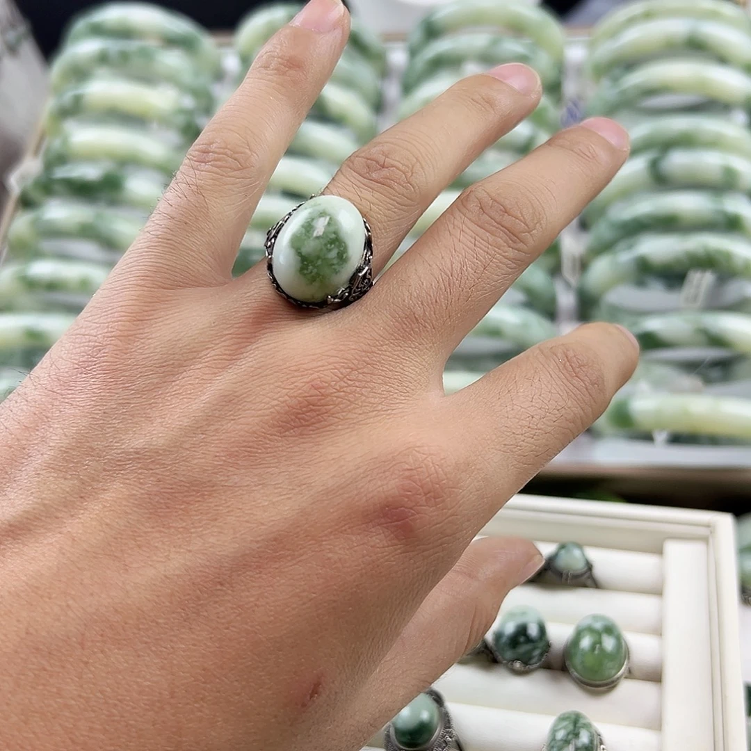 蛇纹石玉银S925镶嵌戒指