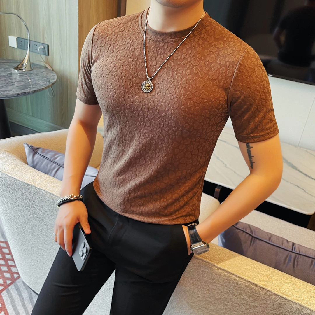 亚麻豹纹短袖t恤男款秋季新款痞帅潮流男装休闲半袖男士提花上衣