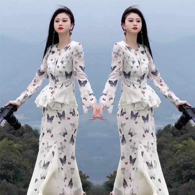 精致感优雅鱼尾裙套装2024年春秋新款小众设计燕尾花衬衫+半身裙