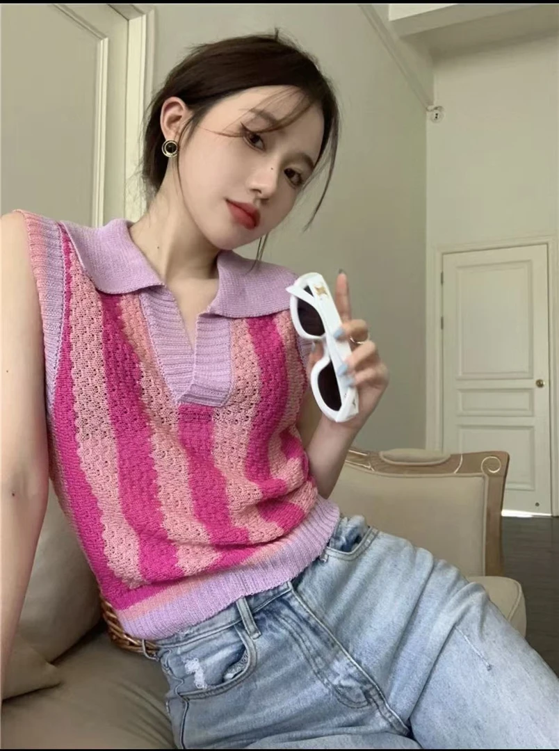 胸90-140长59减龄多巴胺穿搭毛针织衫圆领无袖翻领上衣 9395