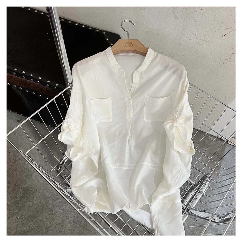 ML3840 春季新款宽松垂感立领半开衫长袖衬衫