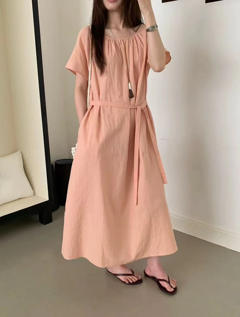 abow@2898 韩系ins简约收腰系带A字连衣裙 裙长118 6-7