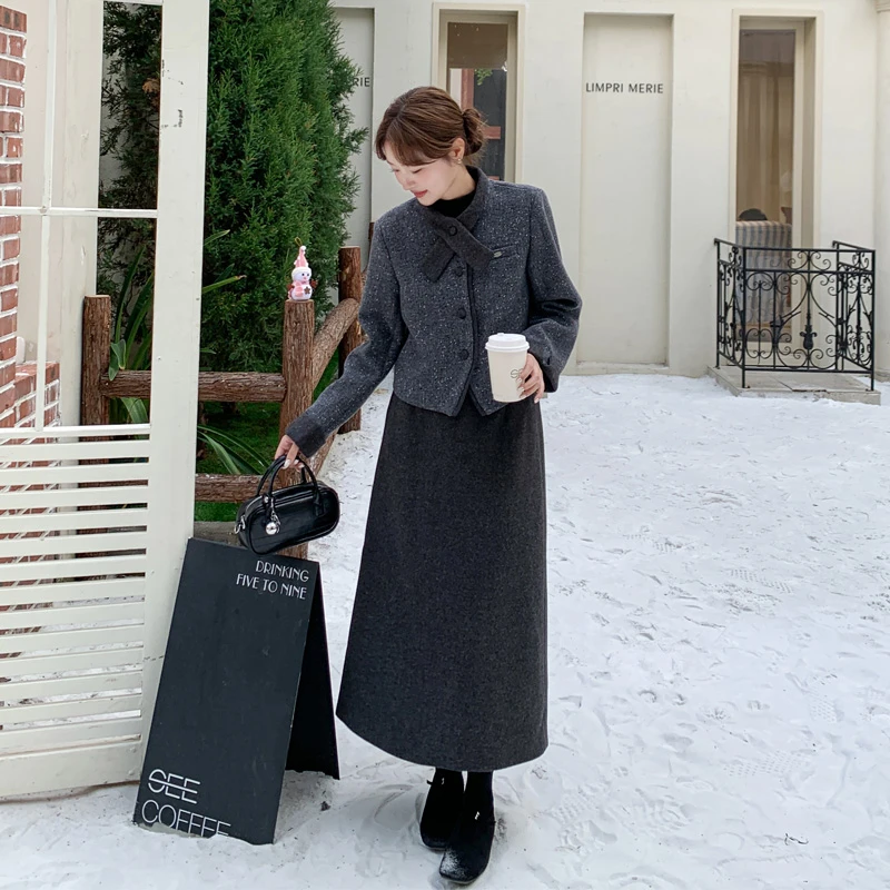 韩系风毛呢领结西装半身裙2025冬季新款优雅气质复古知性风套装裙