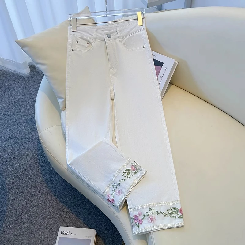白色烟管裤牛仔裤女高腰显瘦2025新款夏季刺绣小个子九分直筒裤子
