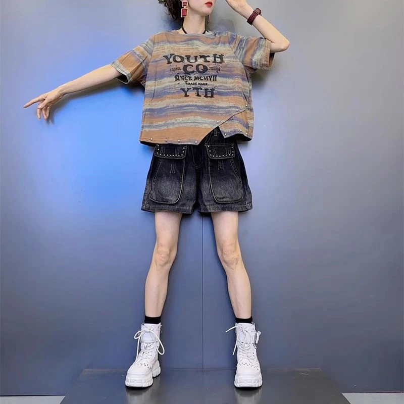 2025年夏季新款圆领不规则扎染短袖t恤松紧腰水洗牛仔短裤套装女