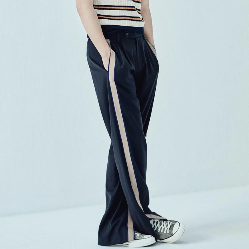 夏季杂志款时髦宽松微阔腿裤拖地开口长裤男设计师款侧拼色休闲裤