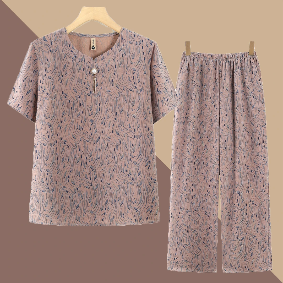 中老年人女夏装套装奶奶圆领印花薄款大码短袖两件套太太衣服奶奶