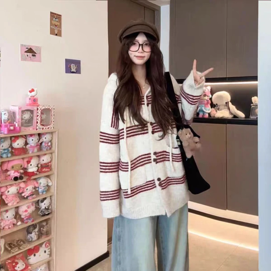 慵懒风条纹连帽毛衣外套女软糯秋冬加厚长袖宽松带帽拼色针织开衫