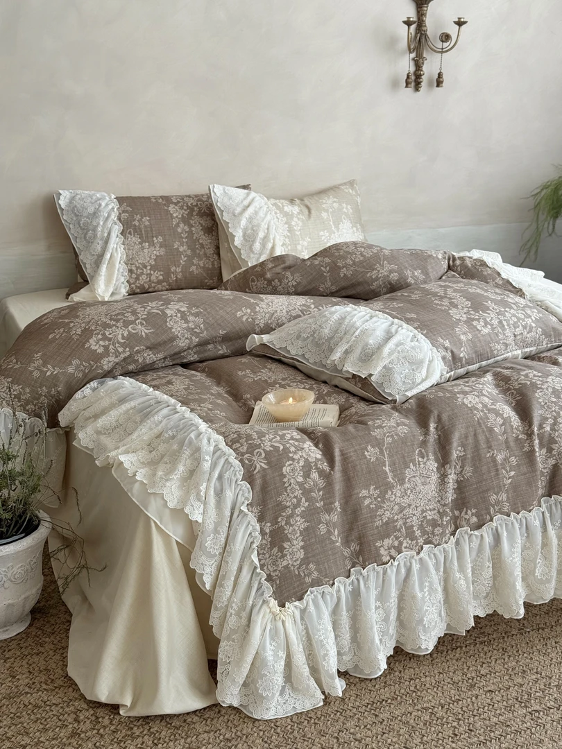 法式复古全棉双层纱夏被四件套纯棉印花蕾丝花边被套薄被子床品