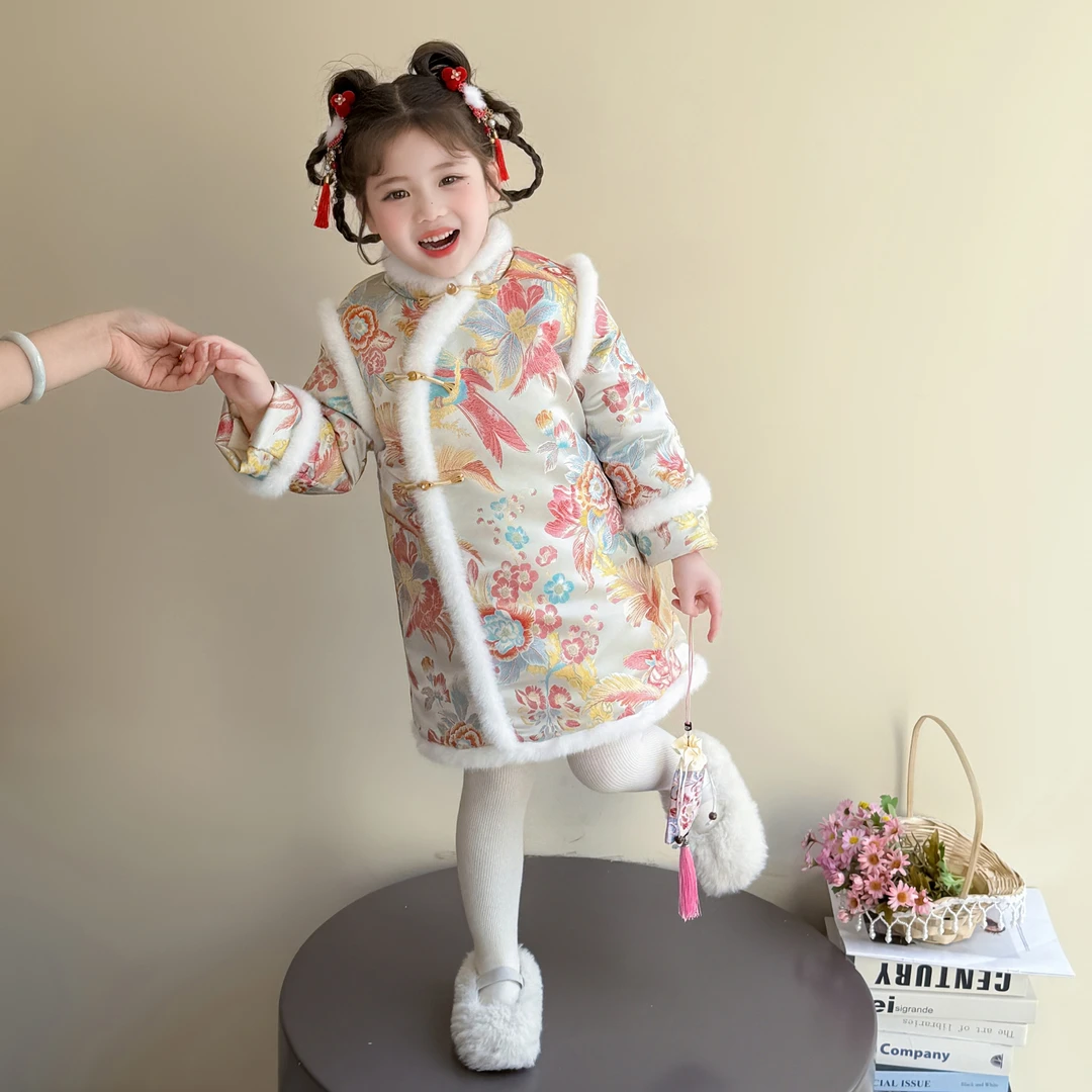 儿童冬季新款春节拜年服连衣裙女童加厚保暖旗袍裙新年装宝宝冬装