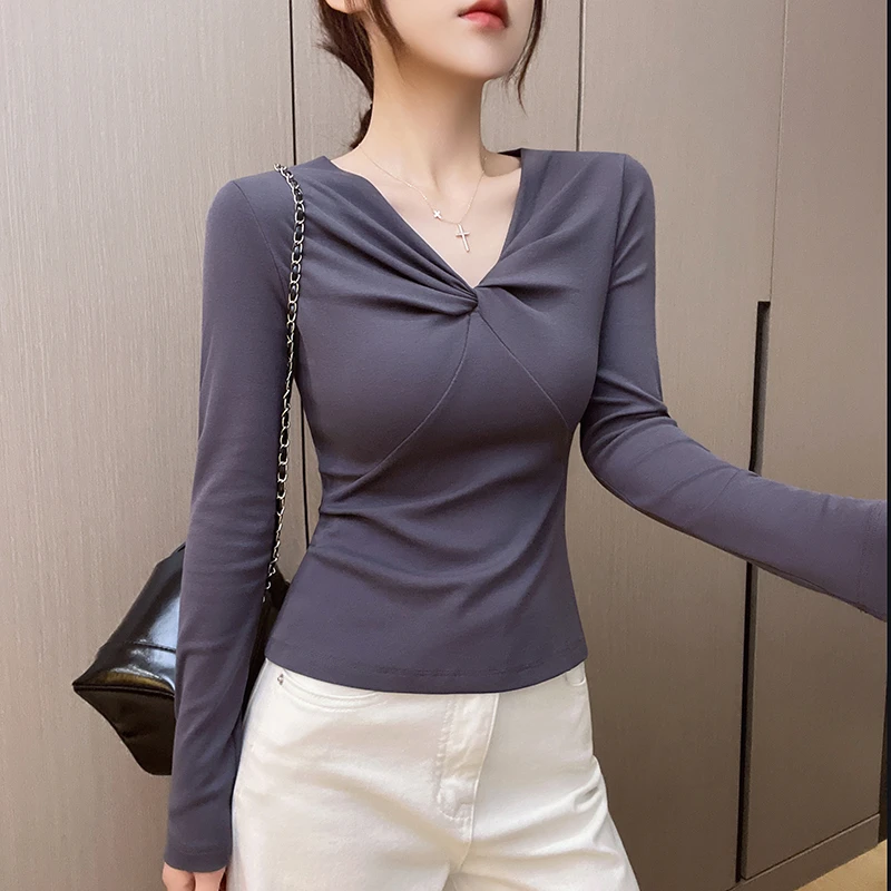 法式风黑色V领纽结设计感长袖T恤2025春秋季气质洋气衣服女装上衣