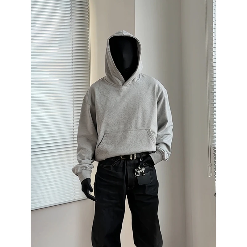 500g重磅花灰色卫衣男款春秋美式复古外套正肩加绒内搭打底连帽衫