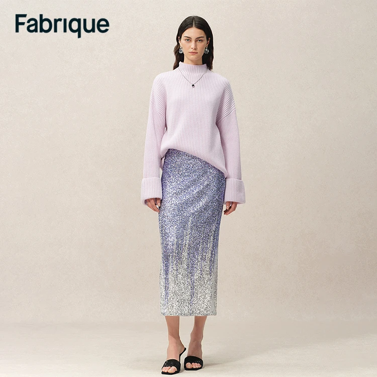 Fabrique Tawanna 早春新款银河瀑布银紫色亮片渐变高腰微弹半裙