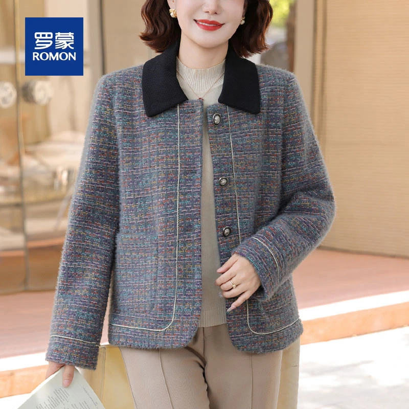 罗蒙中年妈妈秋装小香风毛呢外套新款小个子中老年女士春秋装上衣