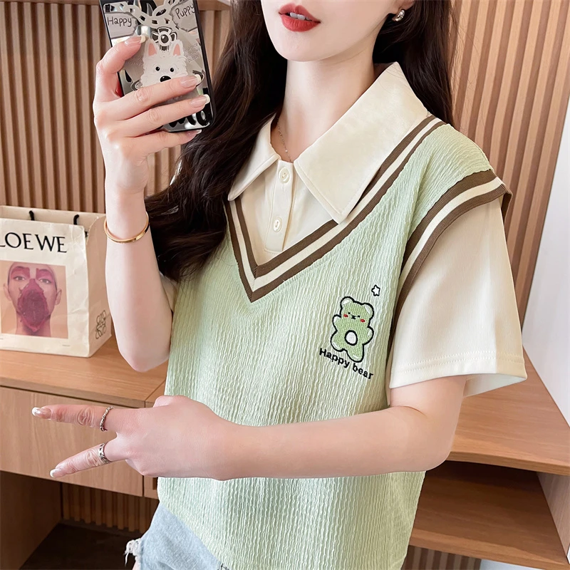 翻领polo衫短袖t恤女2025新款夏季韩版宽松学生百搭假两件上衣服