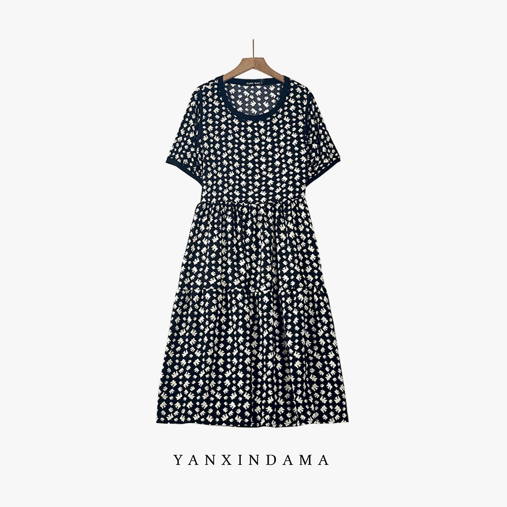 【岩心】大码女装300斤胖MM简约百搭中长款复古艺术短袖连衣裙8961