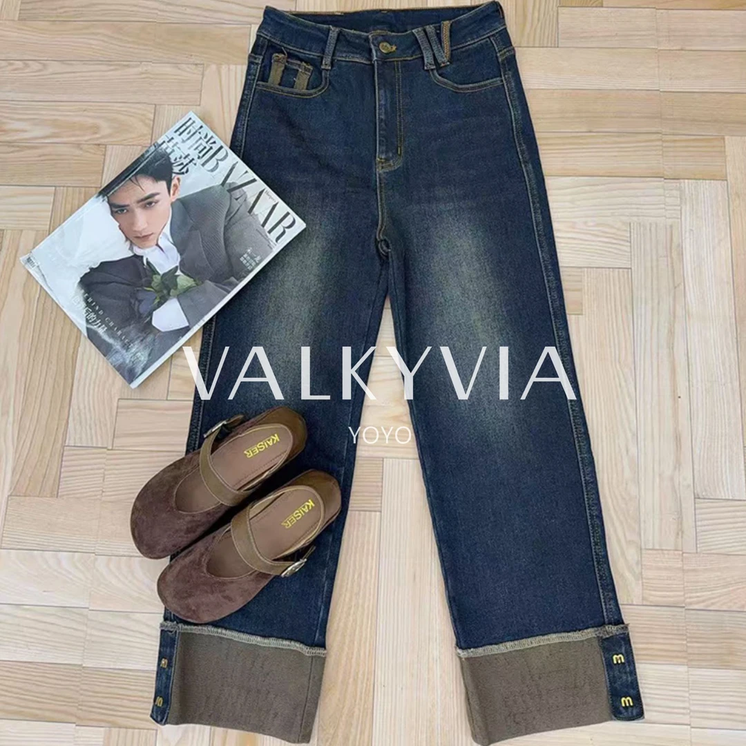 【Valkyvia/悠悠奢品】直腿神裤高腰显瘦卷边法式牛仔烟管裤A8603