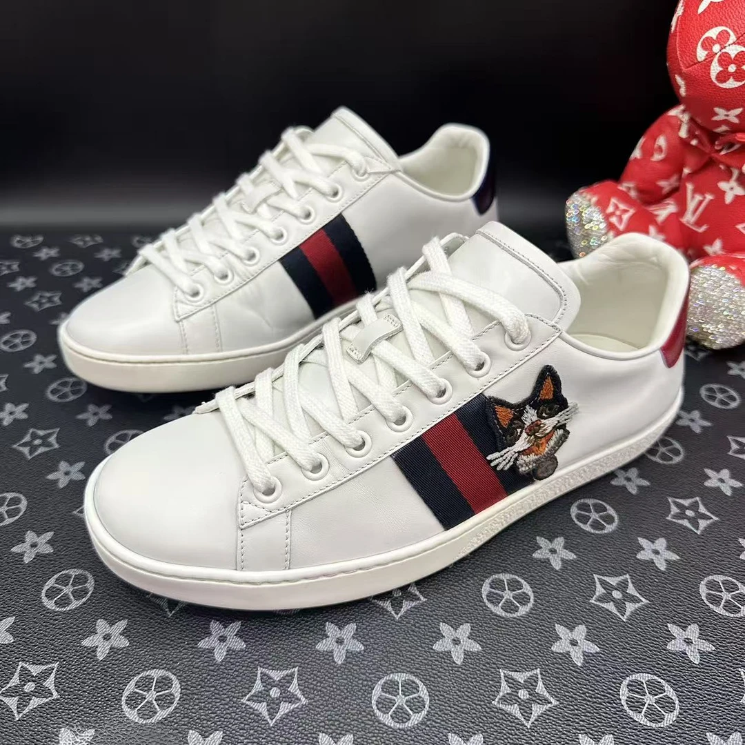 95新 GUCCI/古驰 白色法斗休闲时尚红紫双尾低帮板鞋38码ddm3055