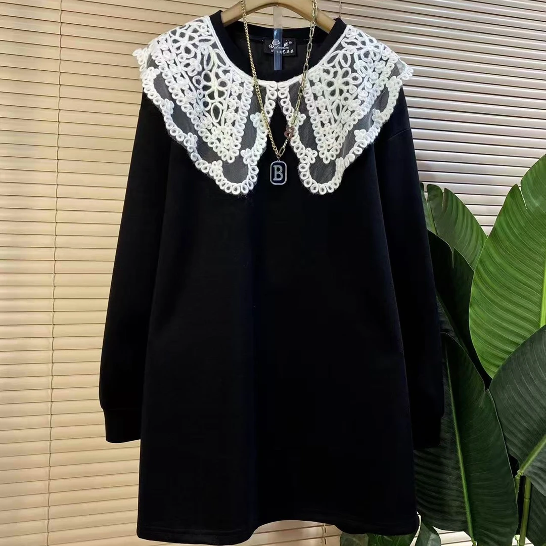 Y胖mm欧货时尚新款蕾丝娃娃领拼接甜美减龄宽松大衫